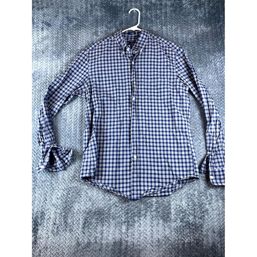 J.Crew Classic Flex Washed Shirt Mens M Blue Check Cotton Stretch Button Down